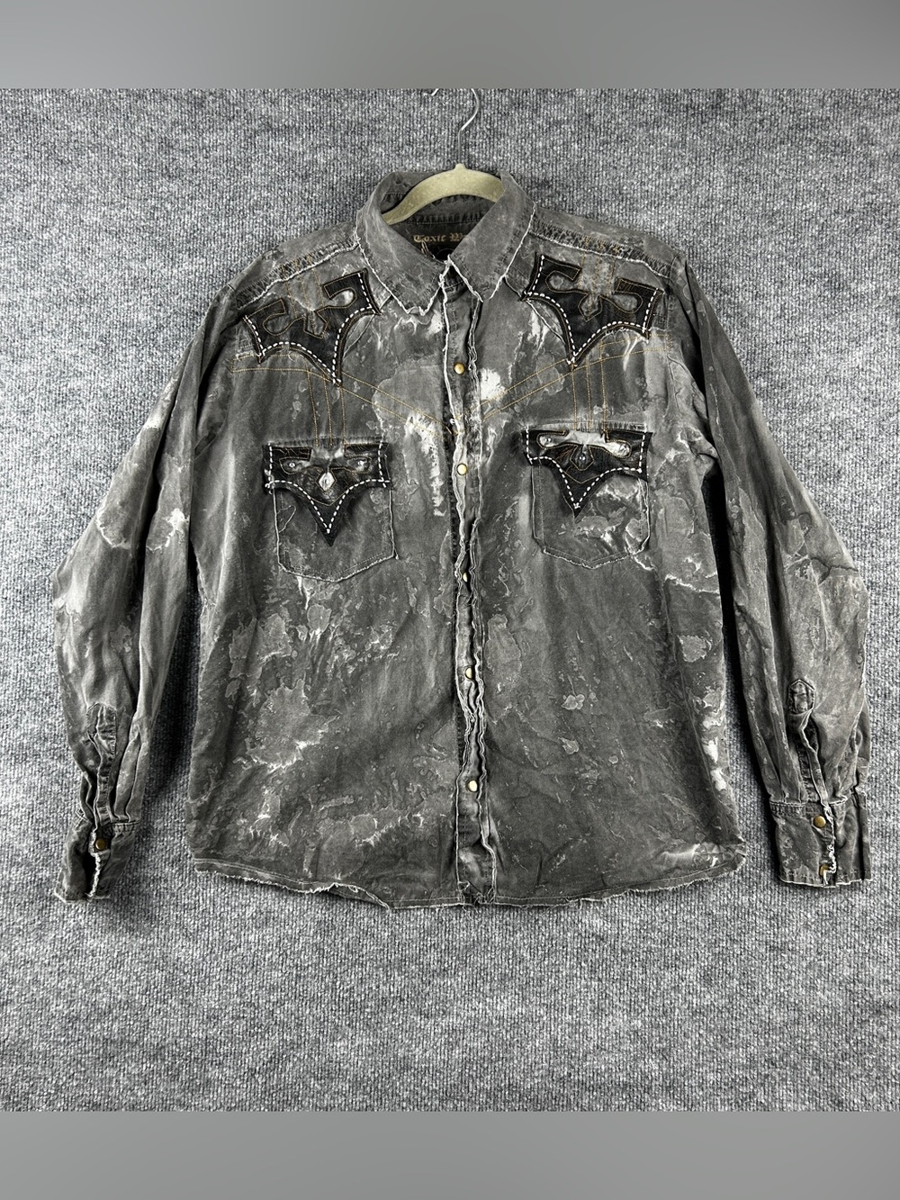 Toxic Waste Acid Wash Denim Applique Rhinestone Snap Shirt Size M Y2K Biker